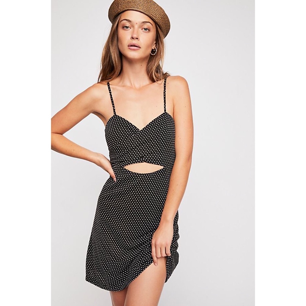 FREE PEOPLE BLACK WHITE DOTTIE CUTOUT MINI DRESS